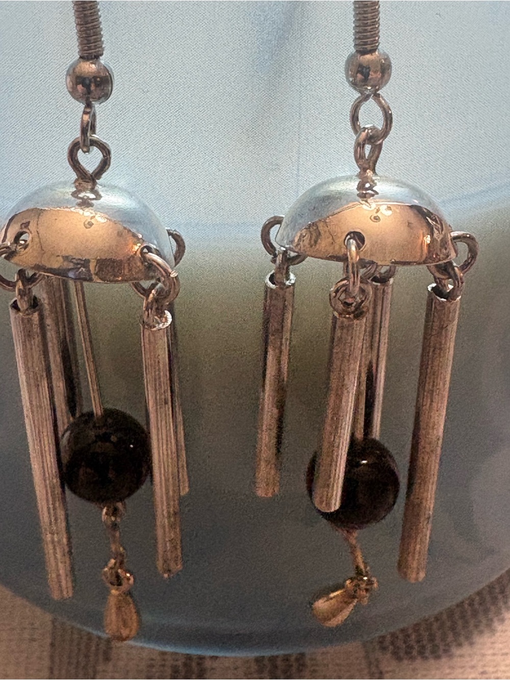 Elegant Silver-Tone Windchime Drop Earrings with Black Beads